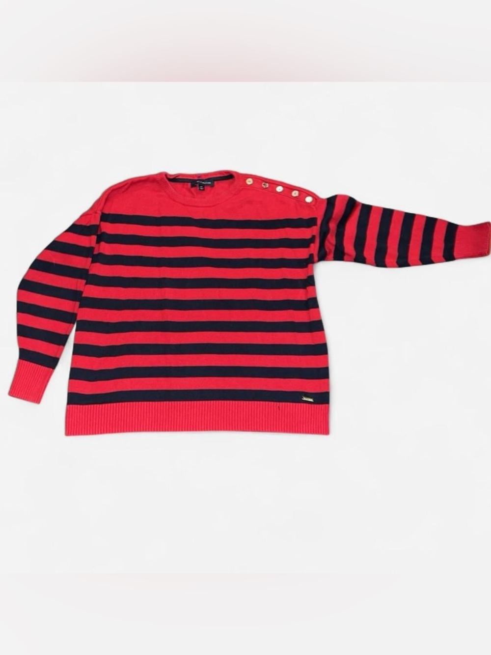 Striped Crewneck Sweater with Shoulder Buttons - Red/Black